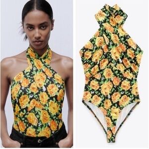 ZARA TWIST CROSS HALTER NECK FLORAL BODYSUIT